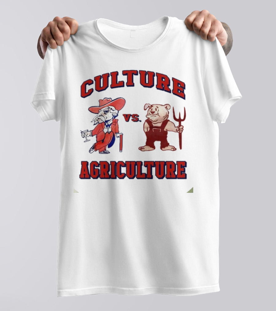 CULTURE VS AGRICULTURE CARTOON RED HAT AND PITCHFORK CHARACTERS T-Shirt
