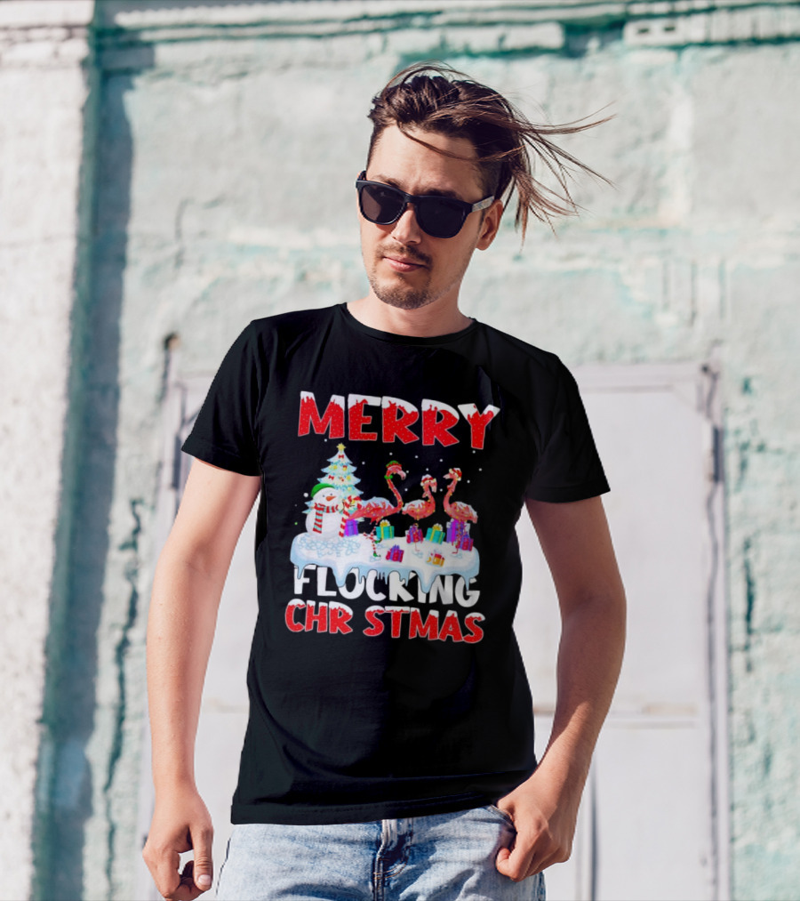 Merry Flocking Christmas Flamingo And Snowman Festive T-Shirt