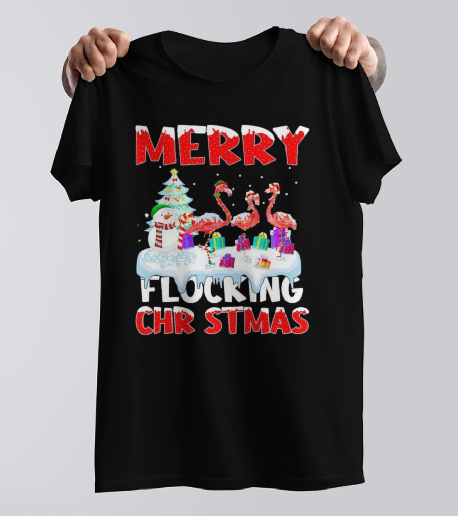 Merry Flocking Christmas Flamingo And Snowman Festive T-Shirt