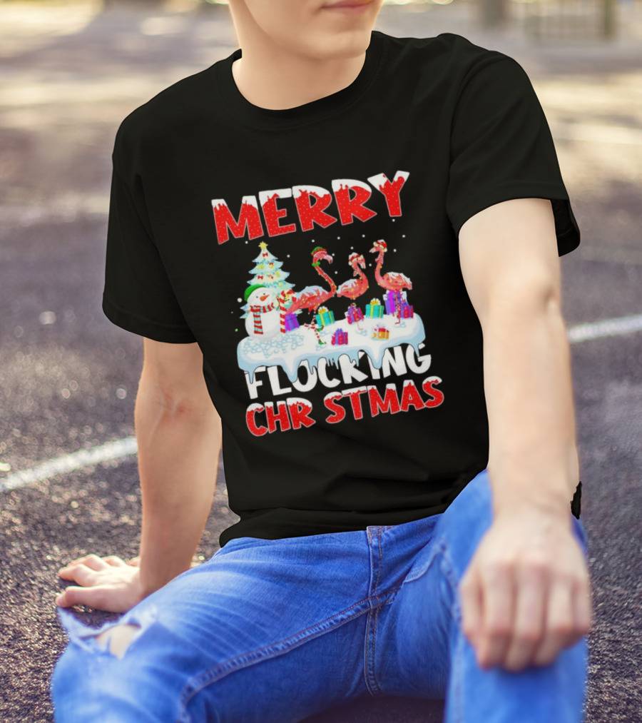 Merry Flocking Christmas Flamingo And Snowman Festive T-Shirt