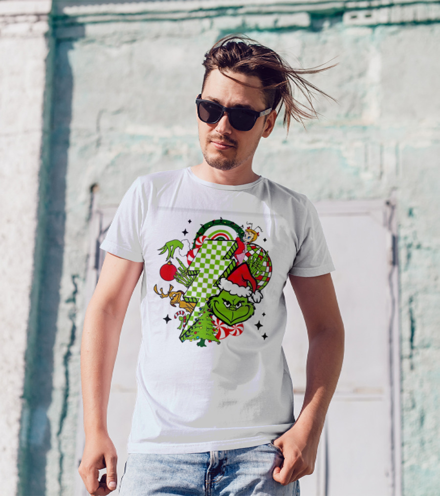 Grinch Christmas Checkered Lightning Bolt With Friends And Festive Decorations T-Shirt