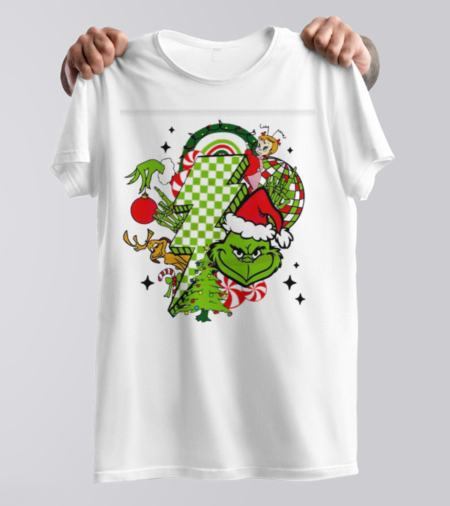 Grinch Christmas Checkered Lightning Bolt With Friends And Festive Decorations T-Shirt
