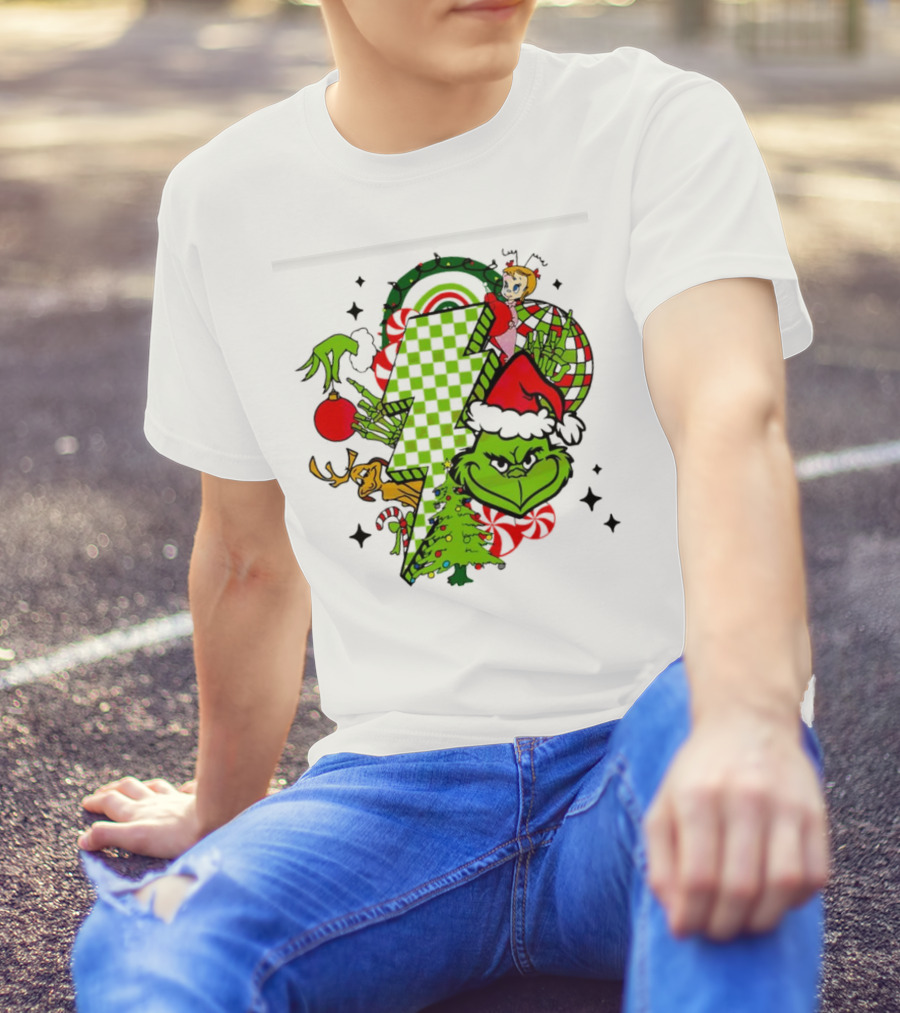 Grinch Christmas Checkered Lightning Bolt With Friends And Festive Decorations T-Shirt