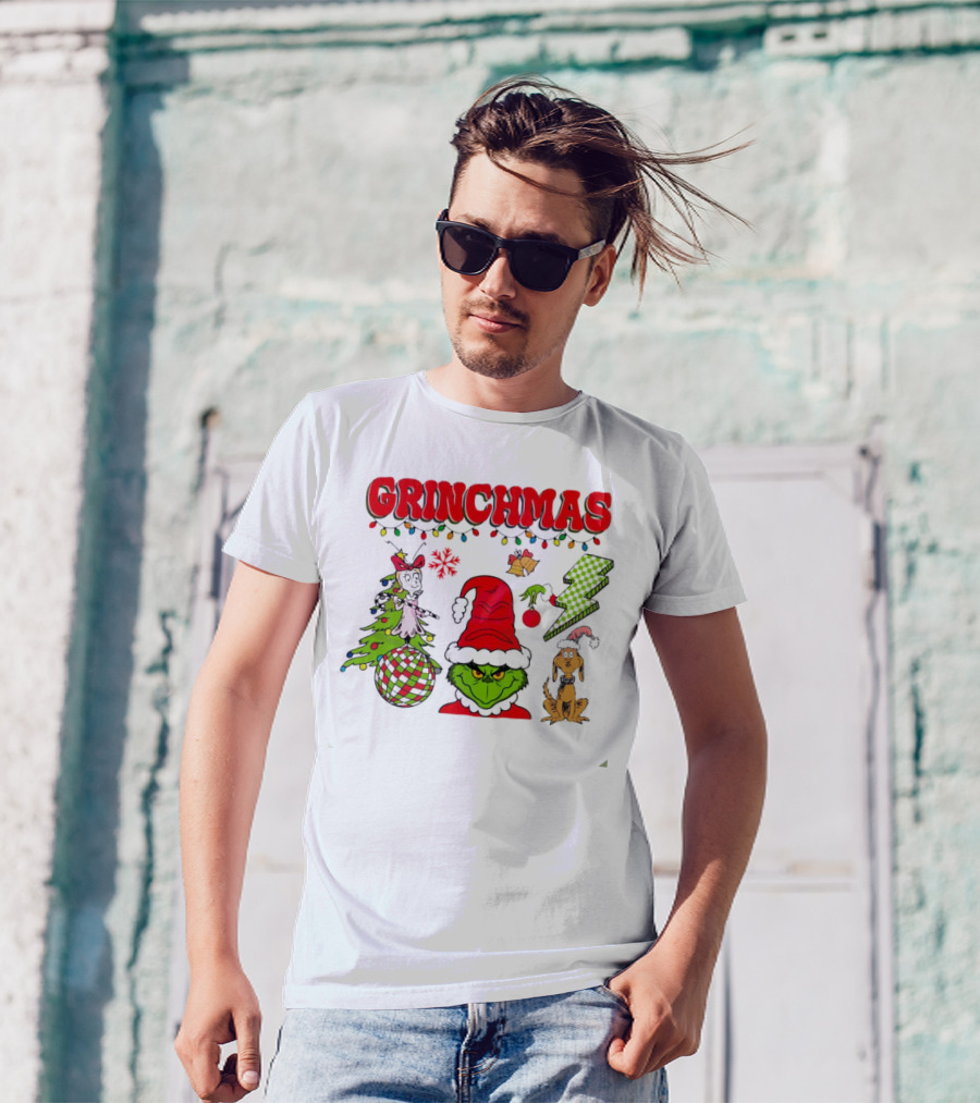 Grinch Grinchmas Red Hat Christmas Tree Max Dog Lightning Bolt Ornaments T-Shirt