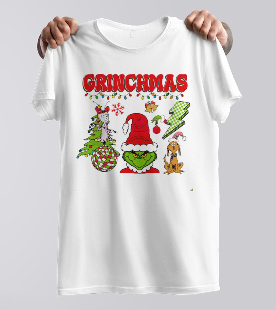 Grinch Grinchmas Red Hat Christmas Tree Max Dog Lightning Bolt Ornaments T-Shirt