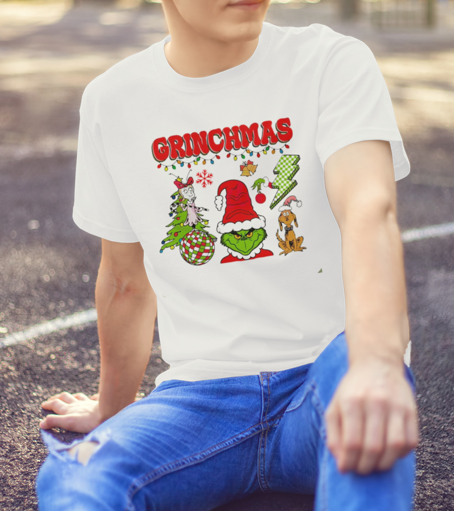 Grinch Grinchmas Red Hat Christmas Tree Max Dog Lightning Bolt Ornaments T-Shirt