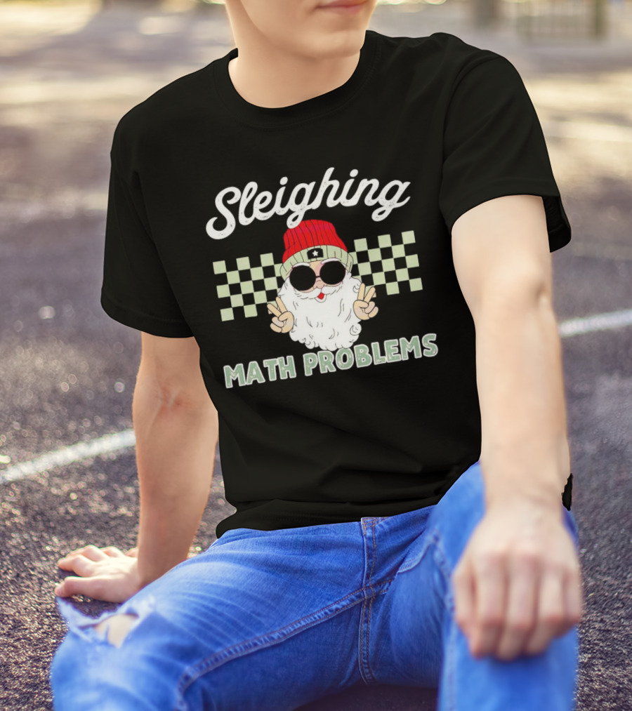 Sleighing Math Problems Santa Peace Sign Checkered Background T-Shirt