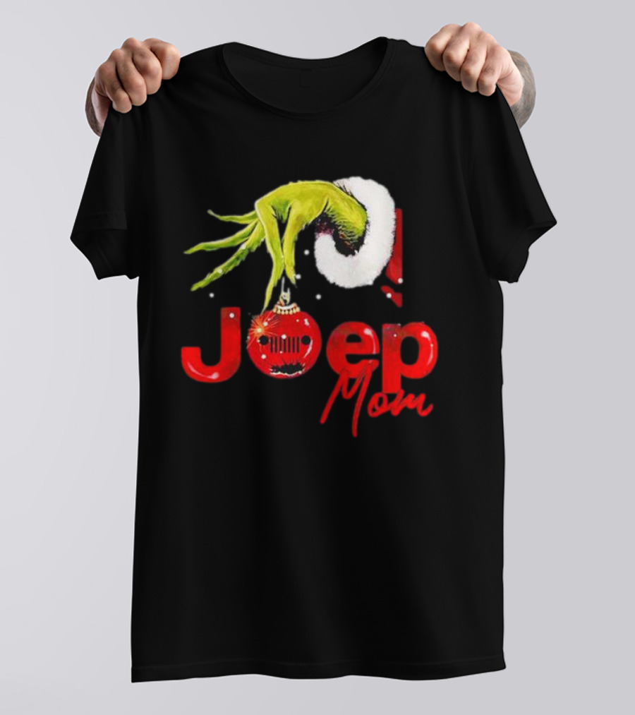 Grinch Hand With Santa Hat Holding Christmas Ornament Jeep Mom T-Shirt
