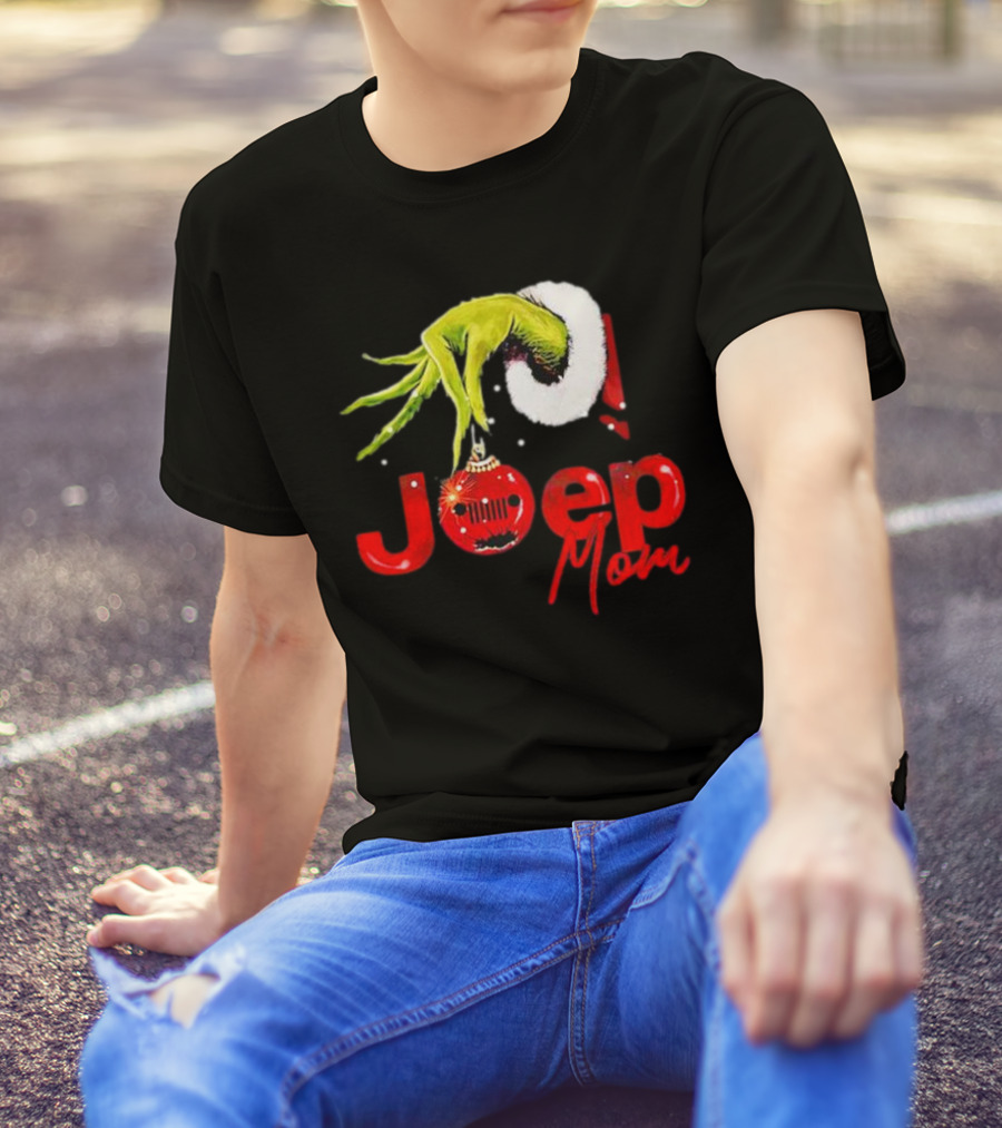 Grinch Hand With Santa Hat Holding Christmas Ornament Jeep Mom T-Shirt