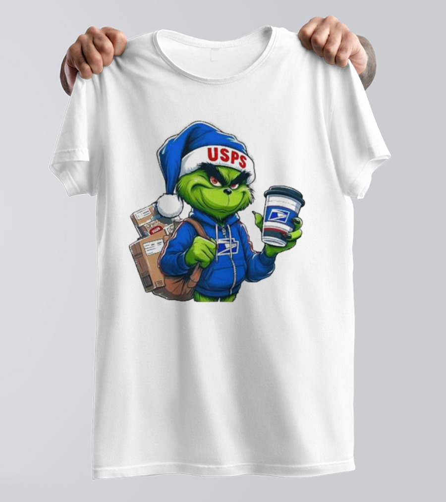 USPS Grinch Merry Christmas Delivery With Packages And Coffee T-Shirt