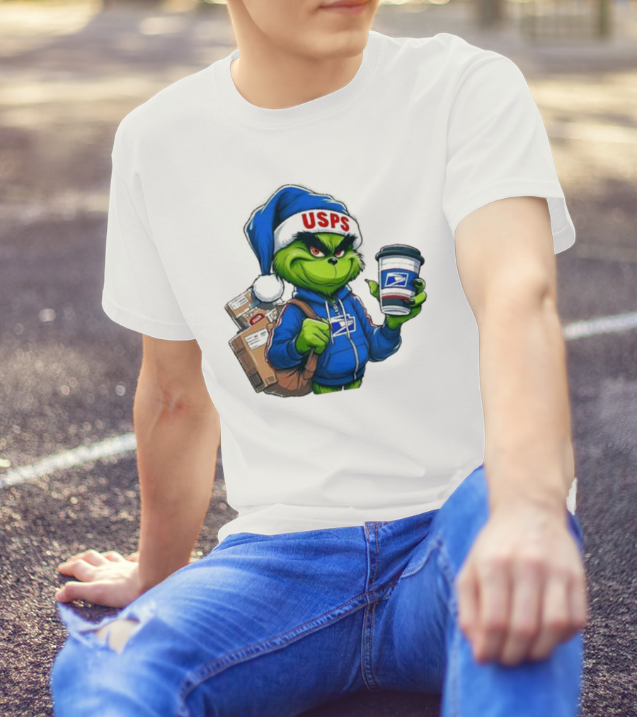 USPS Grinch Merry Christmas Delivery With Packages And Coffee T-Shirt
