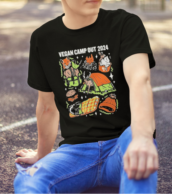 Vegan Camp Out 2024 Fox Rabbit Campfire Tent Blanket Beanie BBQ Burger T-Shirt