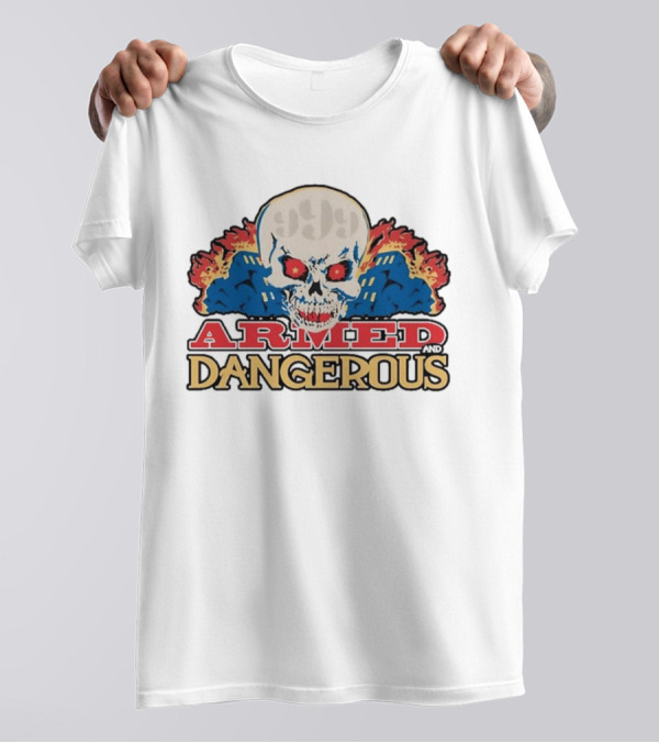 999 Club Armed And Dangerous Skull With Red Eyes And Flames T-Shirt