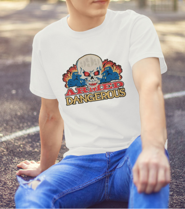 999 Club Armed And Dangerous Skull With Red Eyes And Flames T-Shirt