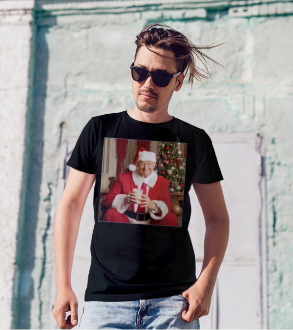 Santa Donald Trump Claus Christmas Drinking Milk By Festive Tree T-Shirt