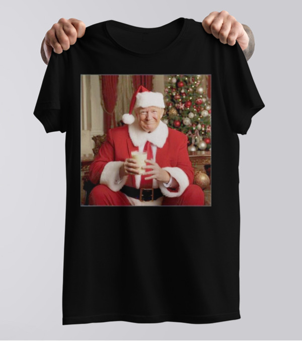 Santa Donald Trump Claus Christmas Drinking Milk By Festive Tree T-Shirt