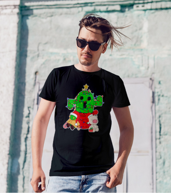 Christmas Moogle Cactuar Wrapped In Lights Star Topped Festive Scene T-Shirt