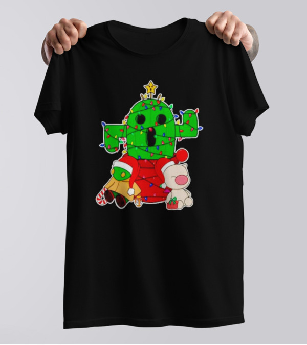 Christmas Moogle Cactuar Wrapped In Lights Star Topped Festive Scene T-Shirt