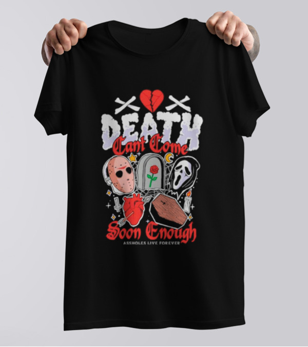 Death Can't Come Soon Enough Horror Icons Hearts And Symbols T-Shirt