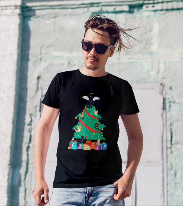 Cam Fam Christmas Tree With Cats And Holiday Blocks T-Shirt
