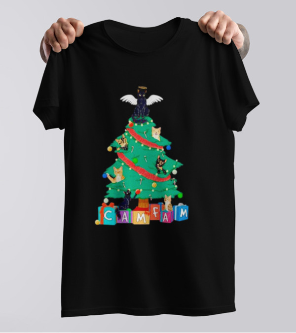 Cam Fam Christmas Tree With Cats And Holiday Blocks T-Shirt