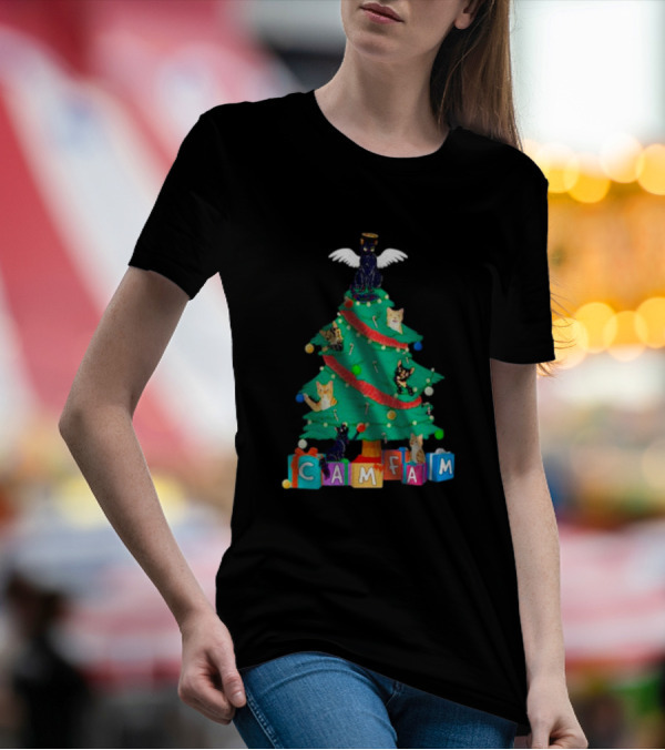 Cam Fam Christmas Tree With Cats And Holiday Blocks T-Shirt