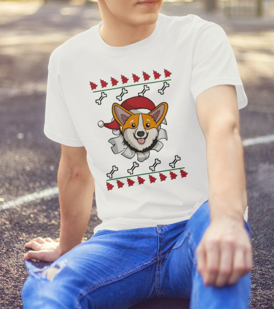 Corgi Surprise Christmas Santa Hat Bone T-Shirt