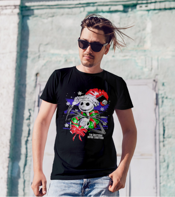 The Nightmare Before Christmas Jack Skellington In Santa Hat And Grinch Green Scarf T-Shirt