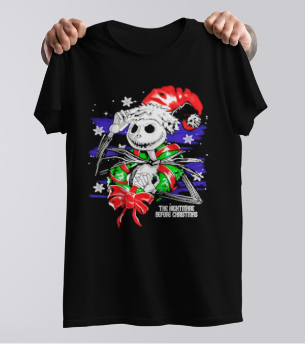 The Nightmare Before Christmas Jack Skellington In Santa Hat And Grinch Green Scarf T-Shirt