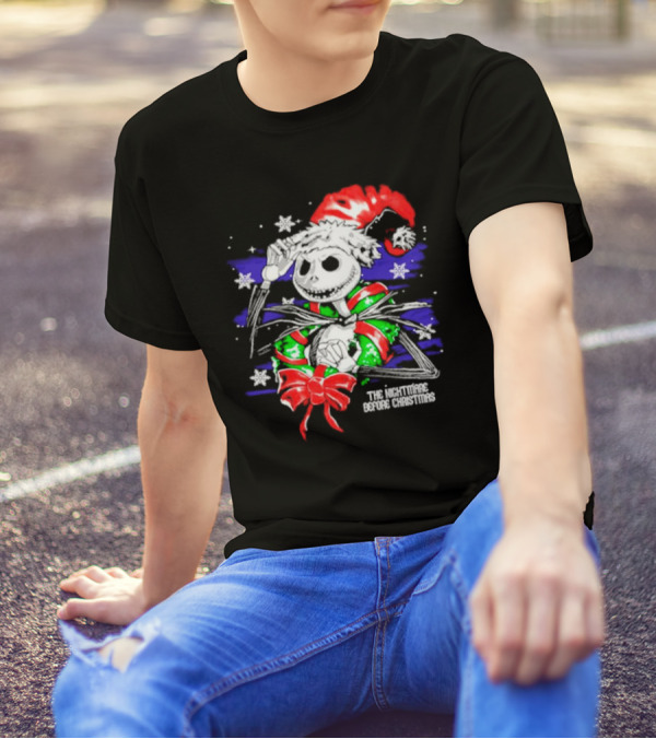 The Nightmare Before Christmas Jack Skellington In Santa Hat And Grinch Green Scarf T-Shirt
