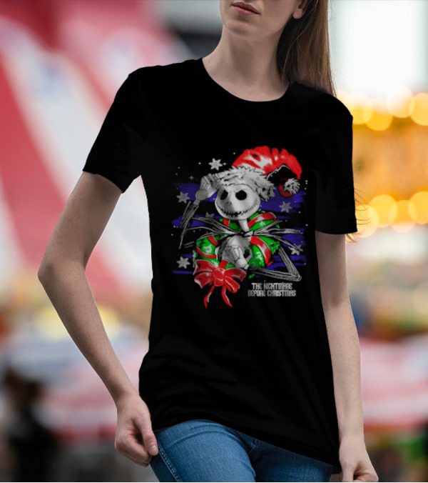 The Nightmare Before Christmas Jack Skellington In Santa Hat And Grinch Green Scarf T-Shirt