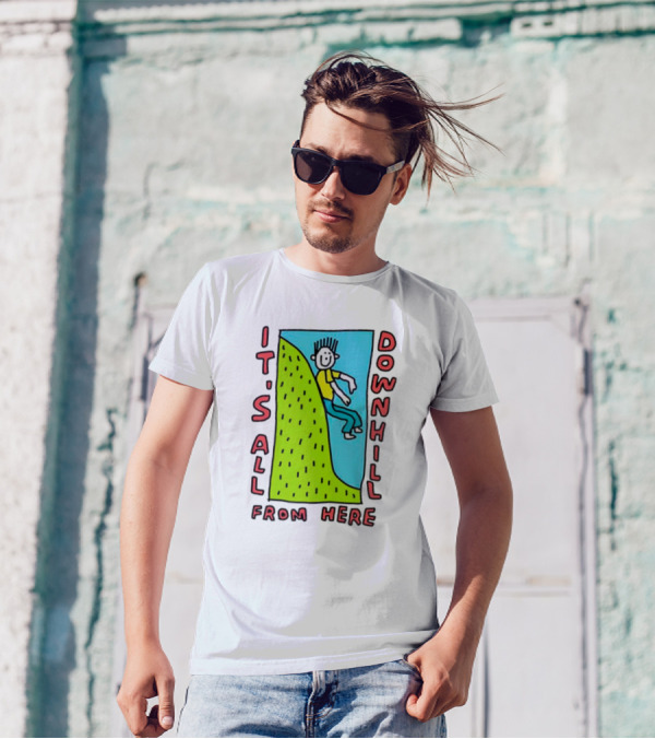 IT'S ALL DOWNHILL FROM HERE Cartoon Character Sliding Down Green Hill T-Shirt