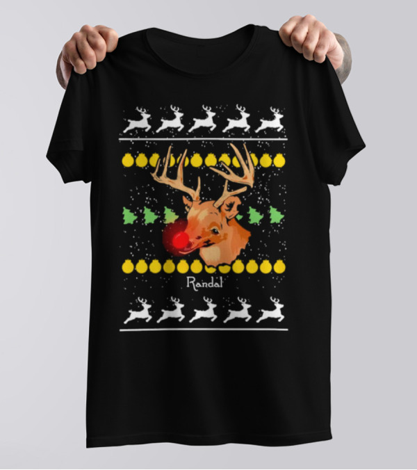 Randal Reindeer Festive Holiday Pattern With Red Nose And Antlers T-Shirt
