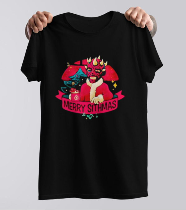 Star Wars Merry Sithmas Featuring Darth Maul In Santa Suit With Christmas Tree And Festive Elements T-Shirt
