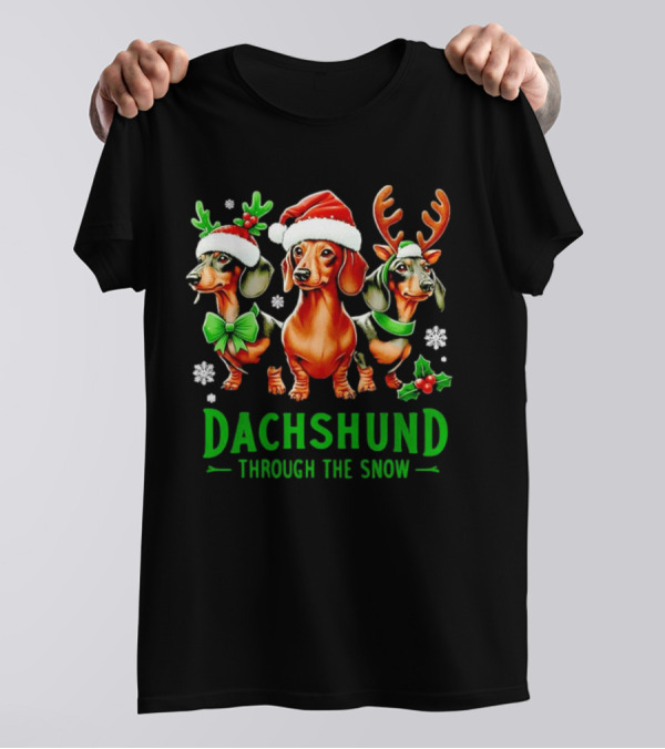 Dachshund Through The Snow Santa Hat Reindeer Antlers Christmas Bow T-Shirt