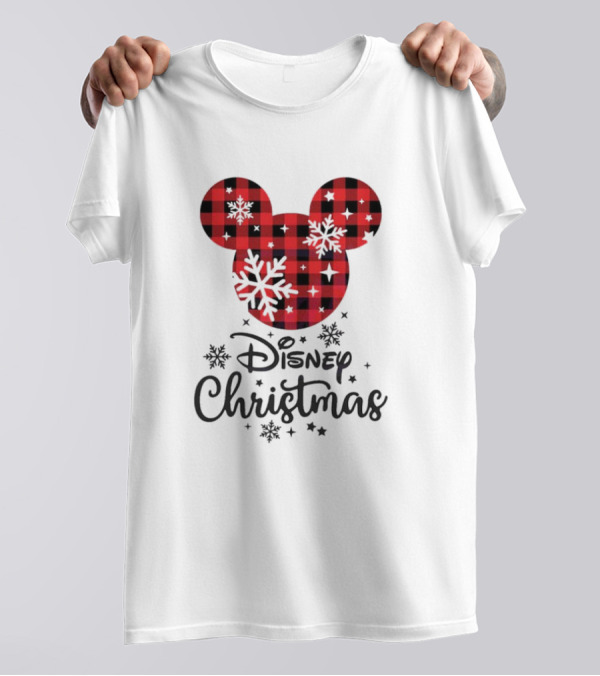 Disney Christmas Plaid Mouse Head With Snowflakes T-Shirt
