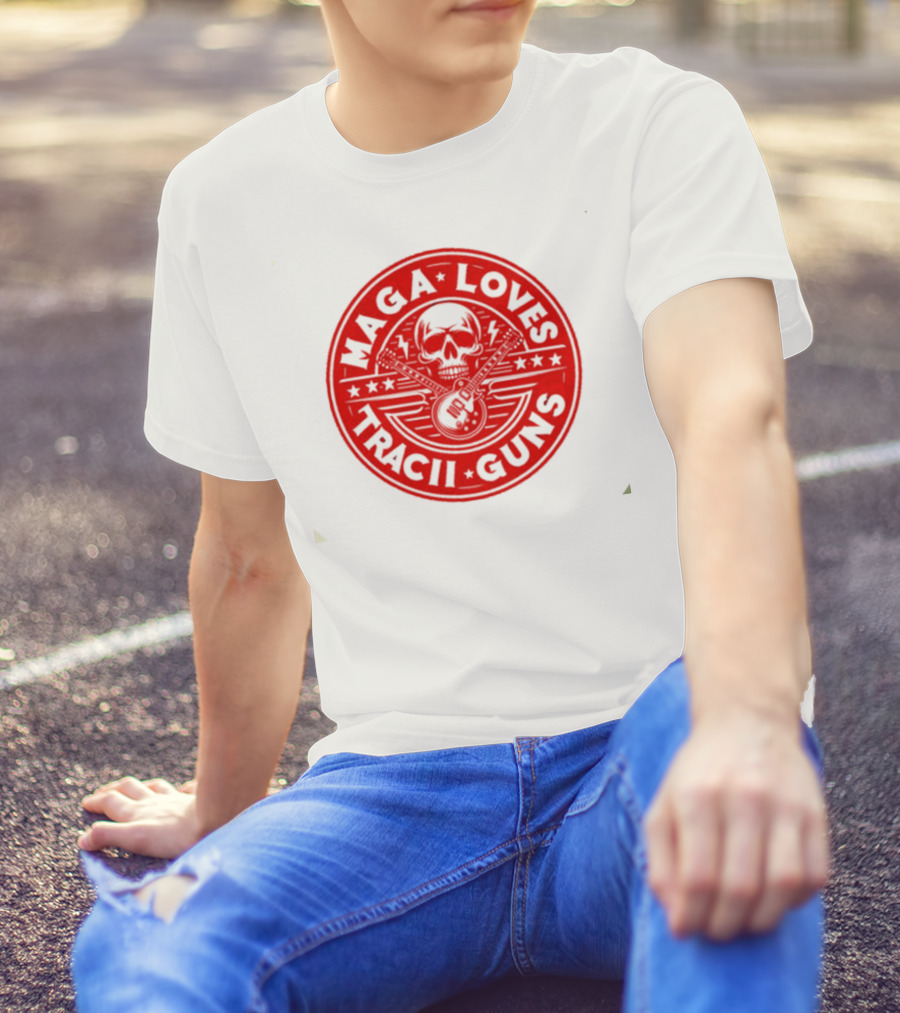 Maga Loves Tracii Guns Skull And Guitar Emblem With Stars And Lightning Bolts T-Shirt