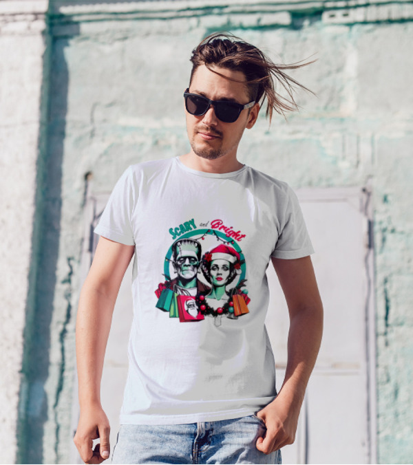 Scary And Bright Horror Christmas Frankenstein And Bride Festive Lights T-Shirt