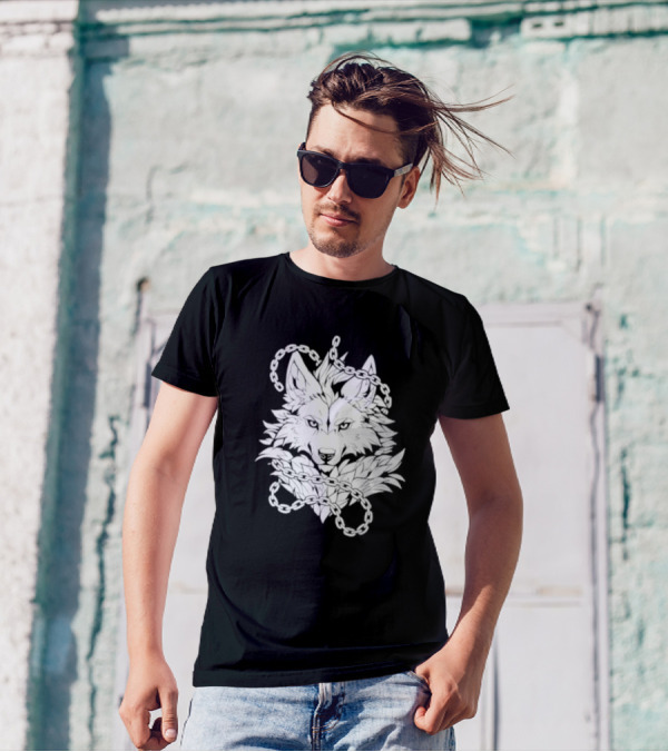 Wolf And Chains Intricate Black White T-Shirt