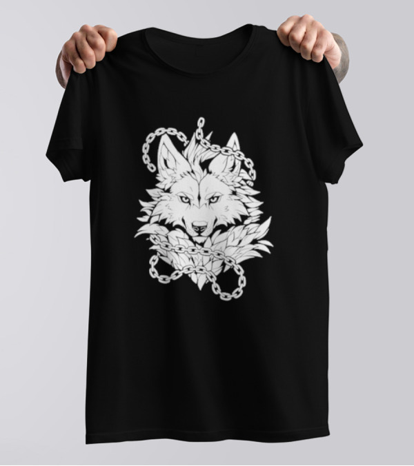 Wolf And Chains Intricate Black White T-Shirt