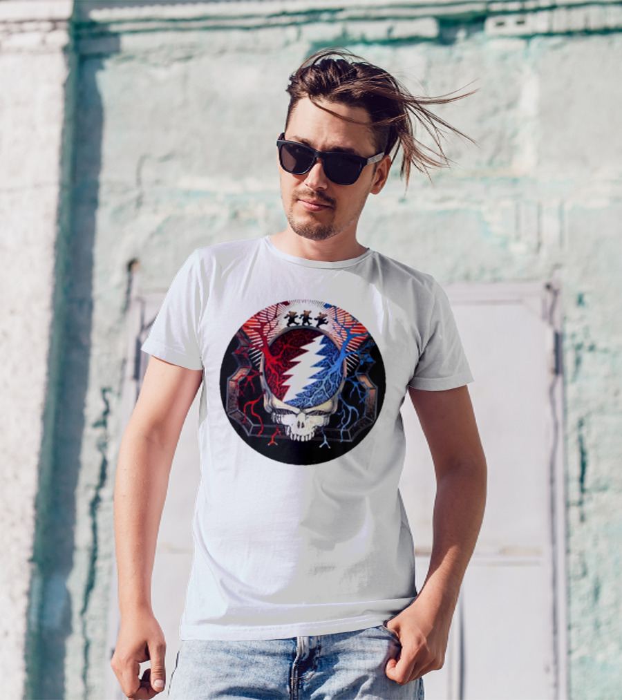 Grateful Dead Skull Bear Red Blue Lightning Bolt Circle T-Shirt