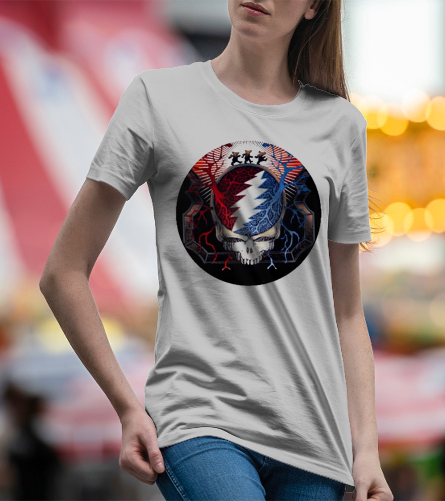 Grateful Dead Skull Bear Red Blue Lightning Bolt Circle T-Shirt