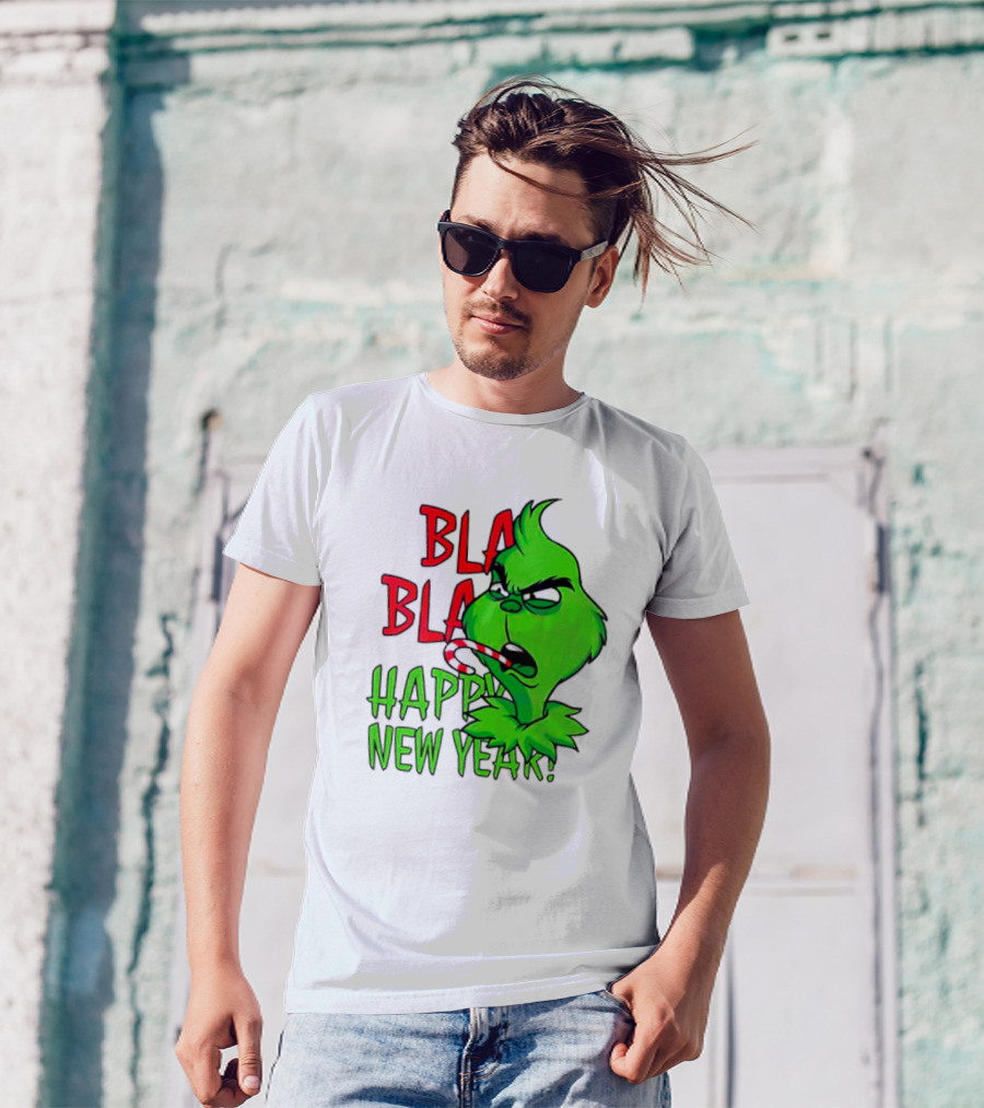 Bla Bla Happy New Year Grinch Candy Cane Image T-Shirt