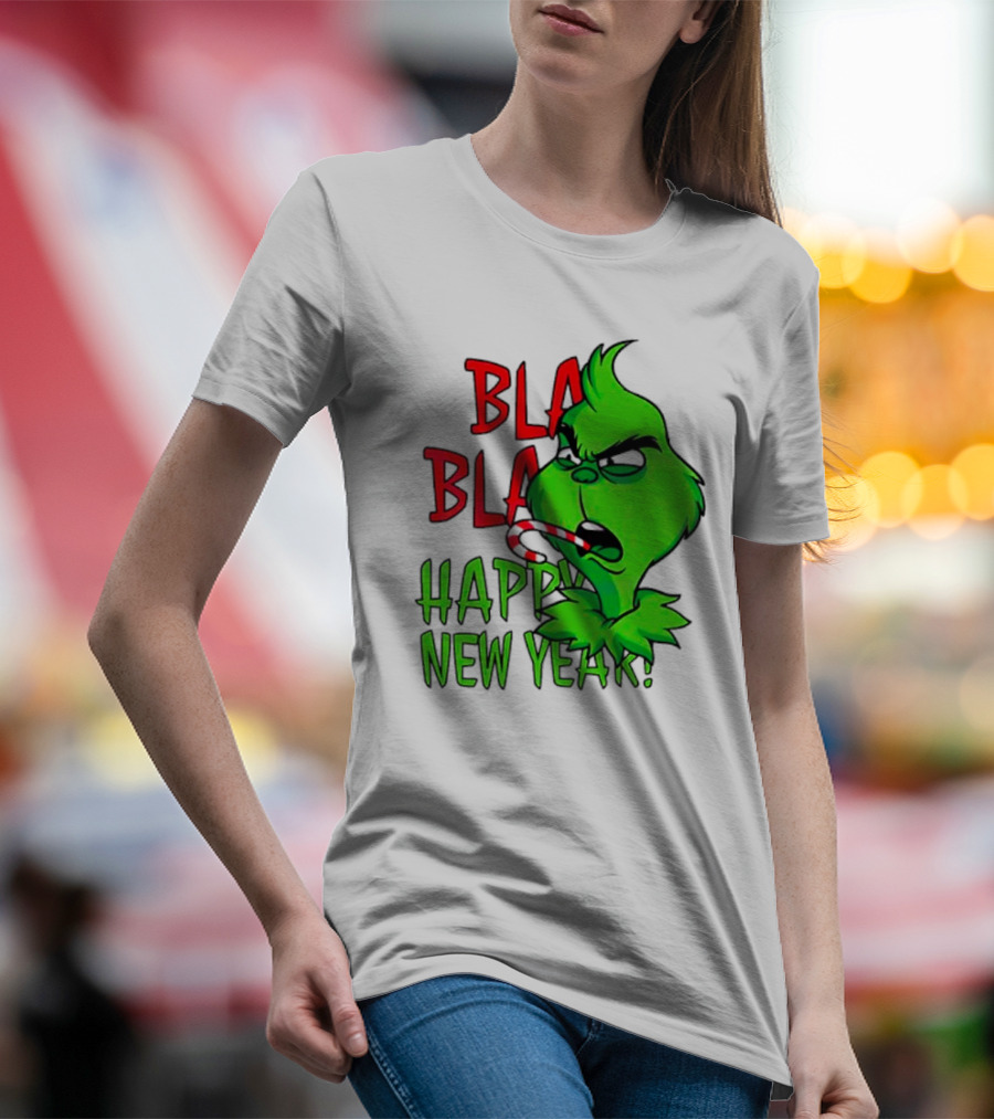Bla Bla Happy New Year Grinch Candy Cane Image T-Shirt