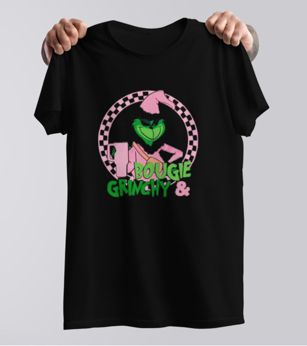 Bougie Grinchy And Pink Character With Checkerboard Circle T-Shirt