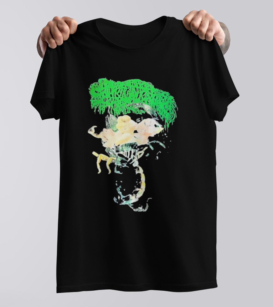 Sanguisugabogg Homicidal Ecstacy Abstract Green Dripping Text With Floral Skull And Spine T-Shirt