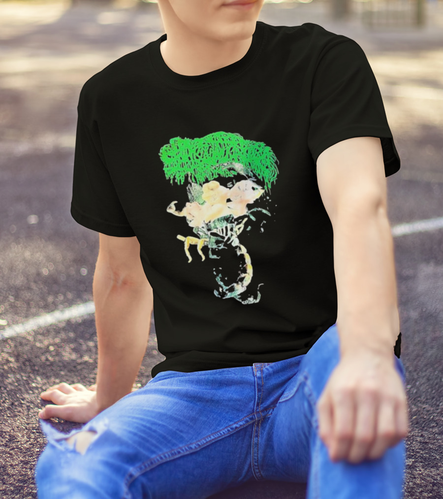 Sanguisugabogg Homicidal Ecstacy Abstract Green Dripping Text With Floral Skull And Spine T-Shirt
