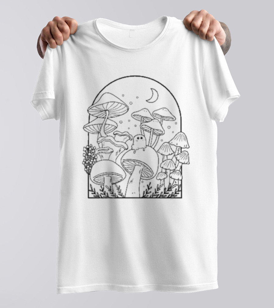 Slimecicle Mushroom Forest Night Scene With Crescent Moon And Cute Ghostly Creature T-Shirt