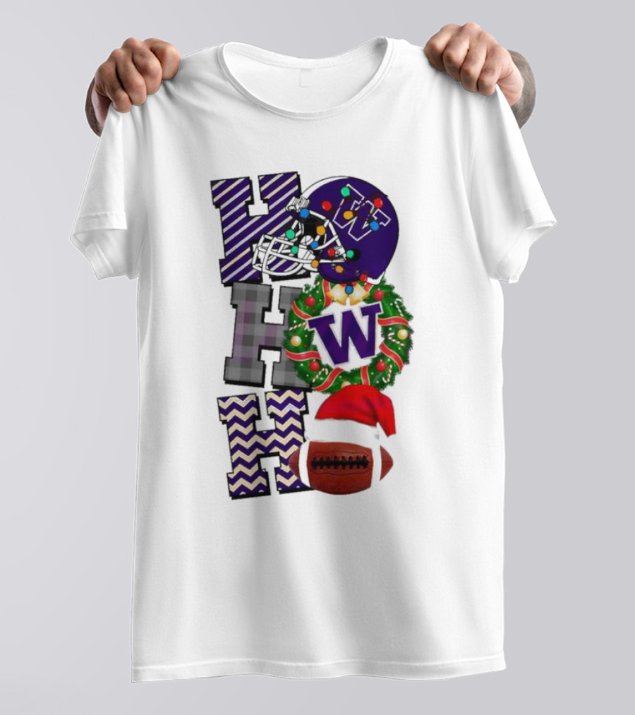 Washington Huskies Football Christmas Helmet Wreath Football Santa Hat Ho Ho Ho T-Shirt