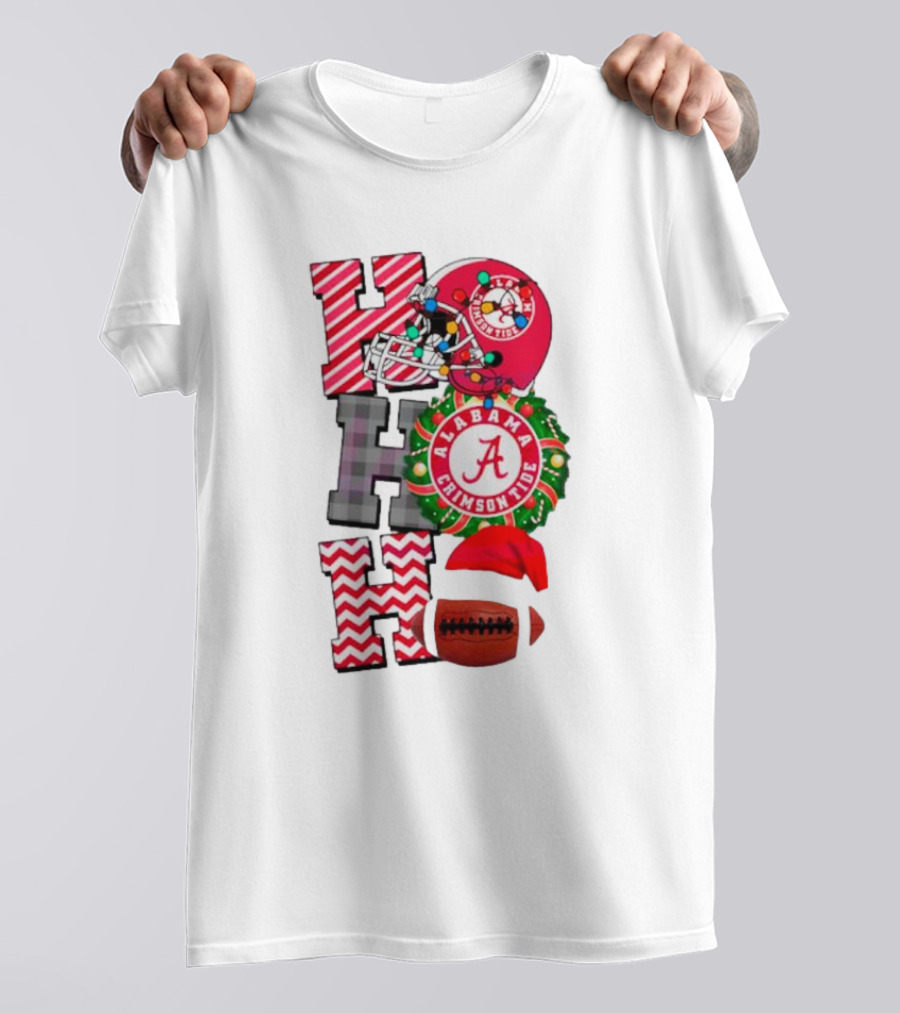 Alabama Crimson Tide Football Christmas Ho Ho Ho Santa Hat Wreath Football Helmet T-Shirt